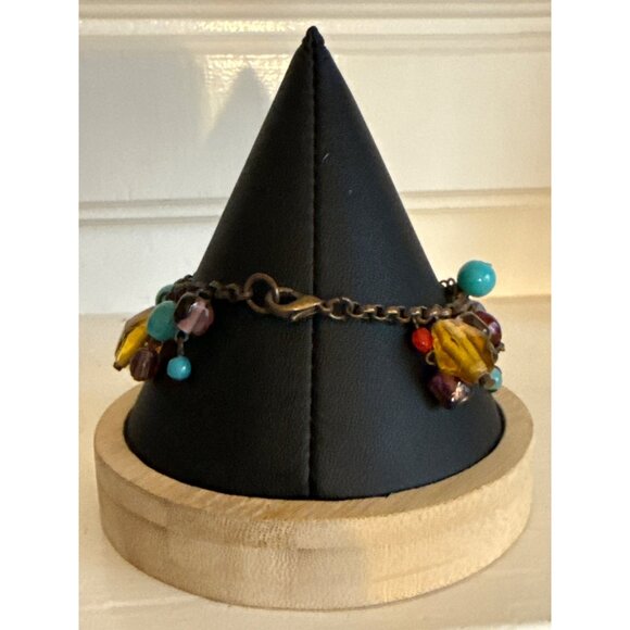 Copper Colored Beaded Charm Bracelet With Multicolor Beads Lobster Clasp Closure - Picture 2 of 5